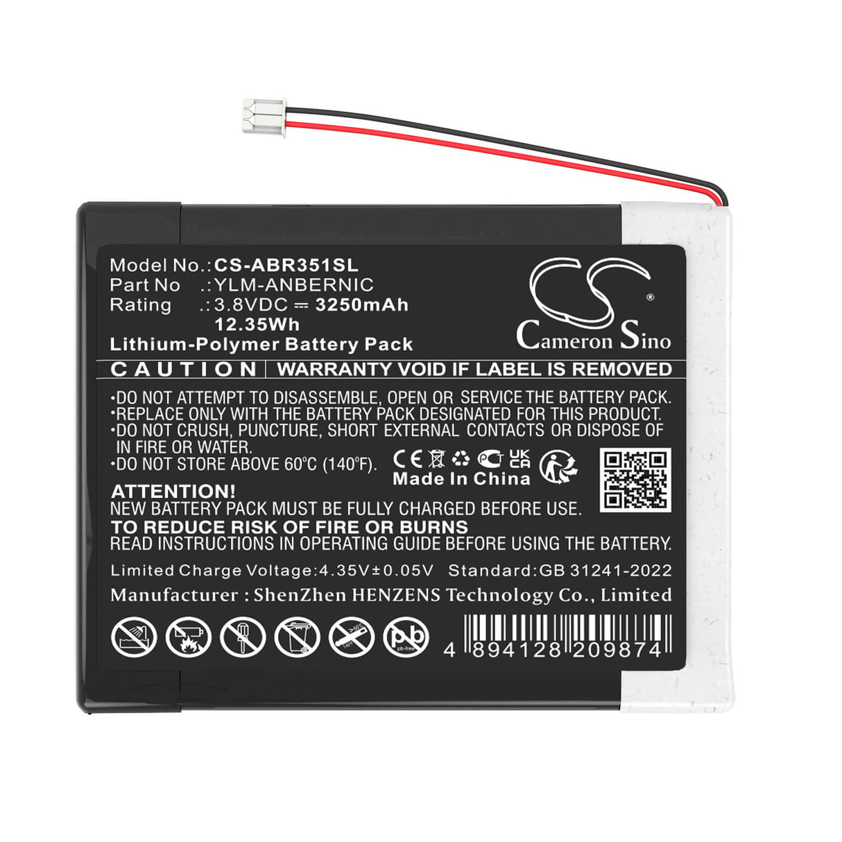 3.8V, Li-Polymer, 3250mAh, batterie de console de jeu compatible avec Anbernic, Ylm-anbernic, Rg351v, Rg35xx émulateur de jeu portable, 12.35Wh console de jeu Cameron Sino Technology Limited