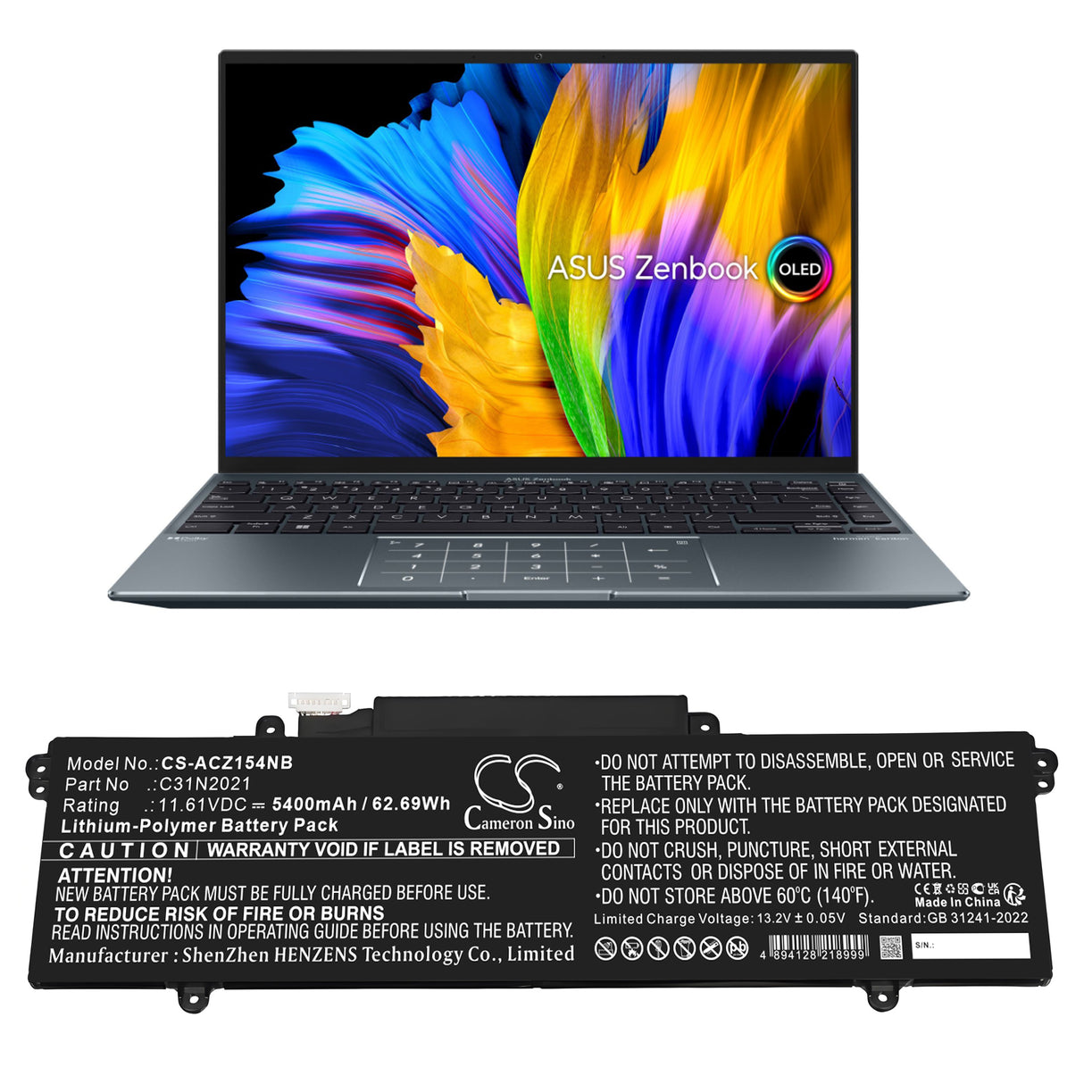 11.61V, Li-Polymer, 5400mAh, Notebook, Laptop battery fits Asus, 0b200-04030000, Zenbook 14 Flip Oled Un5401qa, 62.69Wh Notebook, Laptop Cameron Sino Technology Limited