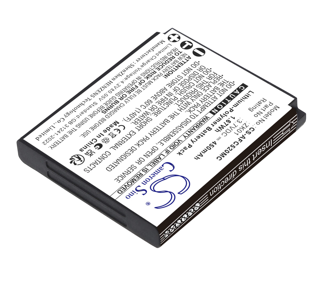 3.7V, Li-Polymer, 450mAh, Camera battery fits AgfaPhoto, ZK01, Realishot DC5200, 1.67Wh Camera Cameron Sino Technology Limited