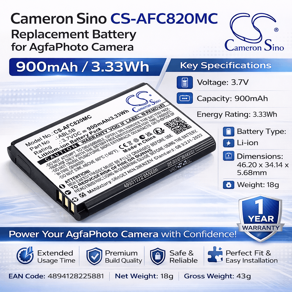 3.7V, Li-ion, 900mAh, Camera battery fits AgfaPhoto, ABL5B, DC8200, DC9200, 3.33Wh Camera Cameron Sino Technology Limited