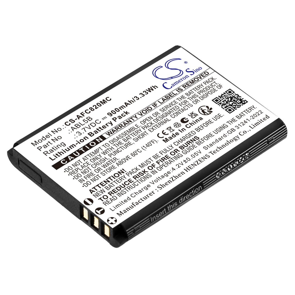 3.7V, Li-ion, 900mAh, Camera battery fits AgfaPhoto, ABL5B, DC8200, DC9200, 3.33Wh Camera Cameron Sino Technology Limited