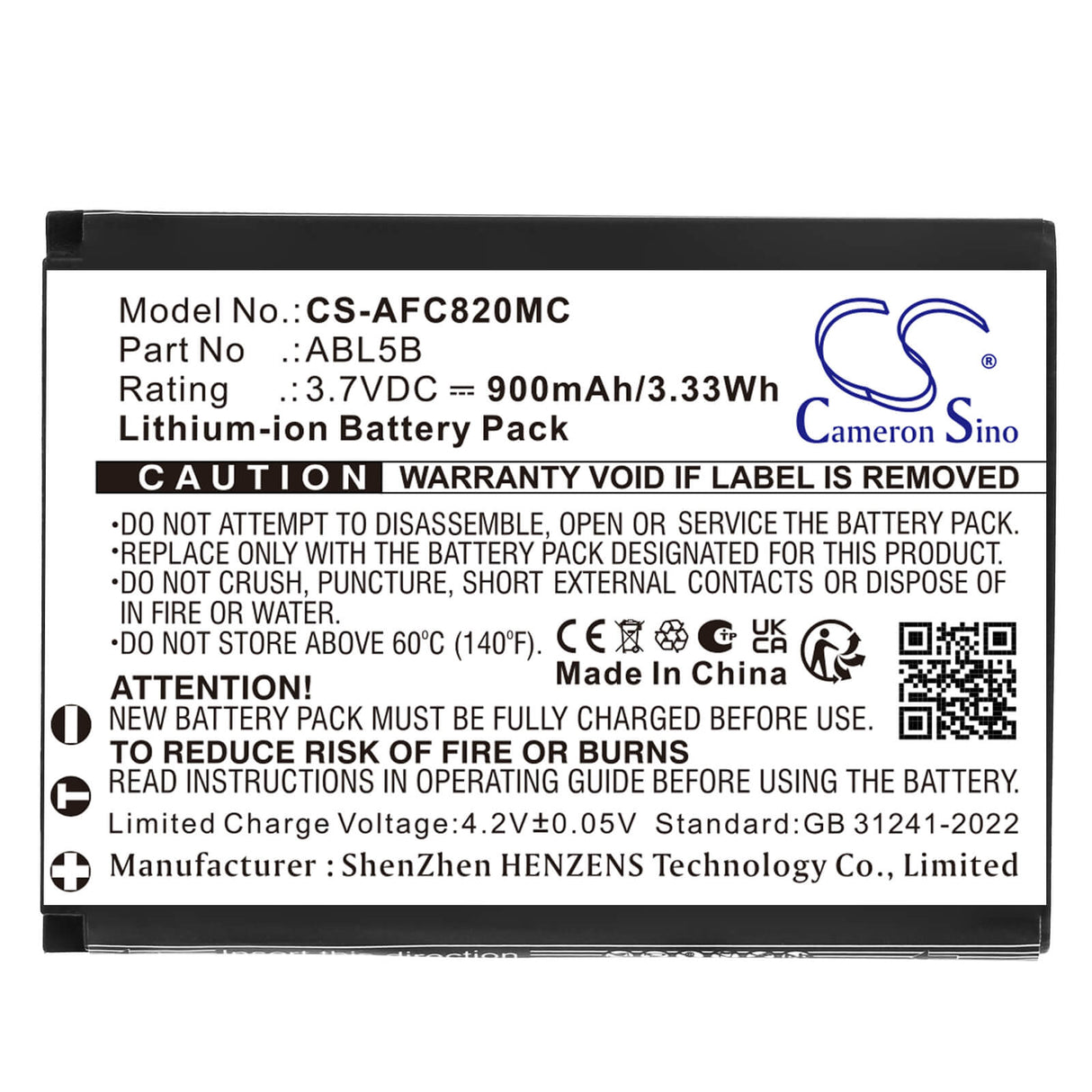 3.7V, Li-ion, 900mAh, Camera battery fits AgfaPhoto, ABL5B, DC8200, DC9200, 3.33Wh Camera Cameron Sino Technology Limited