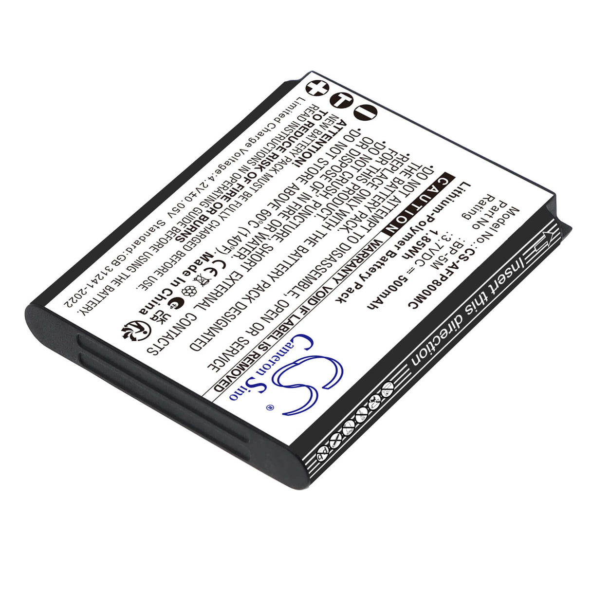 3.7V, Li-Polymer, 500mAh, Camera battery fits AgfaPhoto, BP-5M, Realishot WP8000, 1.85Wh Camera Cameron Sino Technology Limited