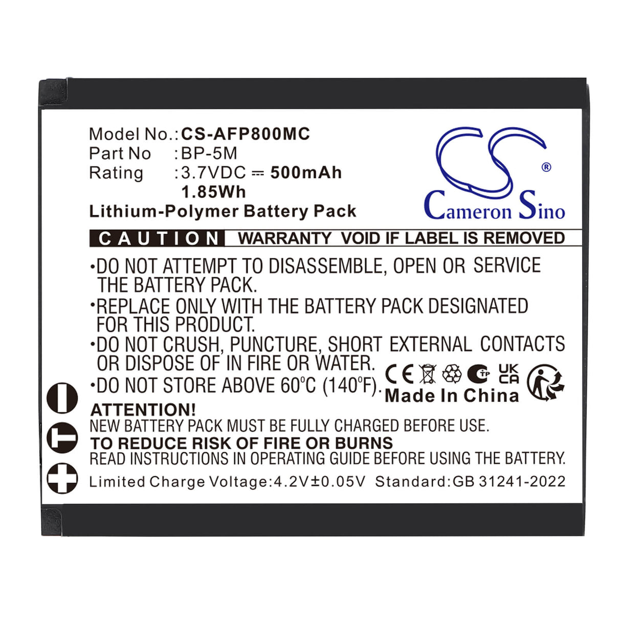 3.7V, Li-Polymer, 500mAh, Camera battery fits AgfaPhoto, BP-5M, Realishot WP8000, 1.85Wh Camera Cameron Sino Technology Limited