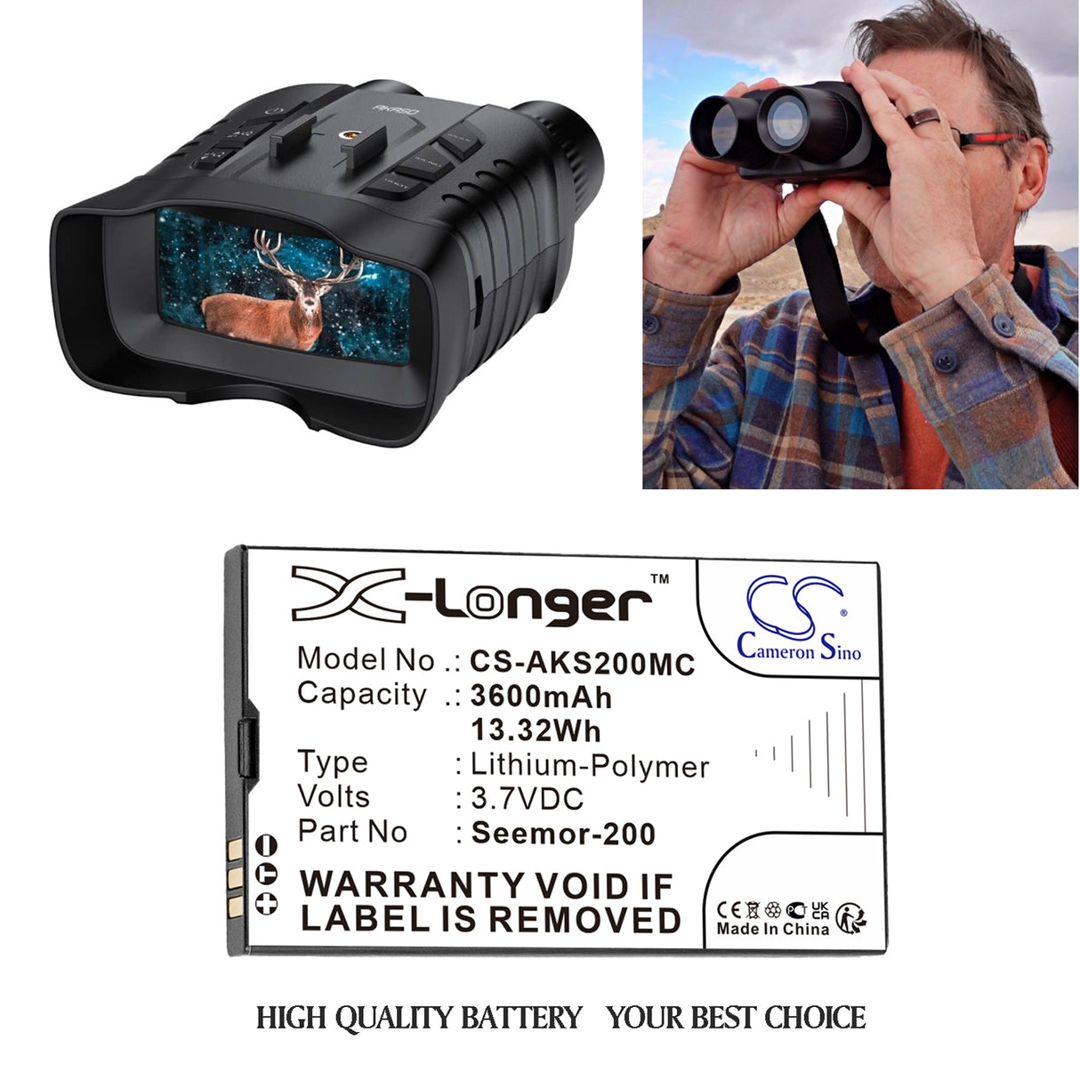 3.7V, Li-Polymer, 3600mAh, Camera battery fits AKASO, Seemor-200, Seemor 200, Seemor-200, 13.32Wh Camera Cameron Sino Technology Limited
