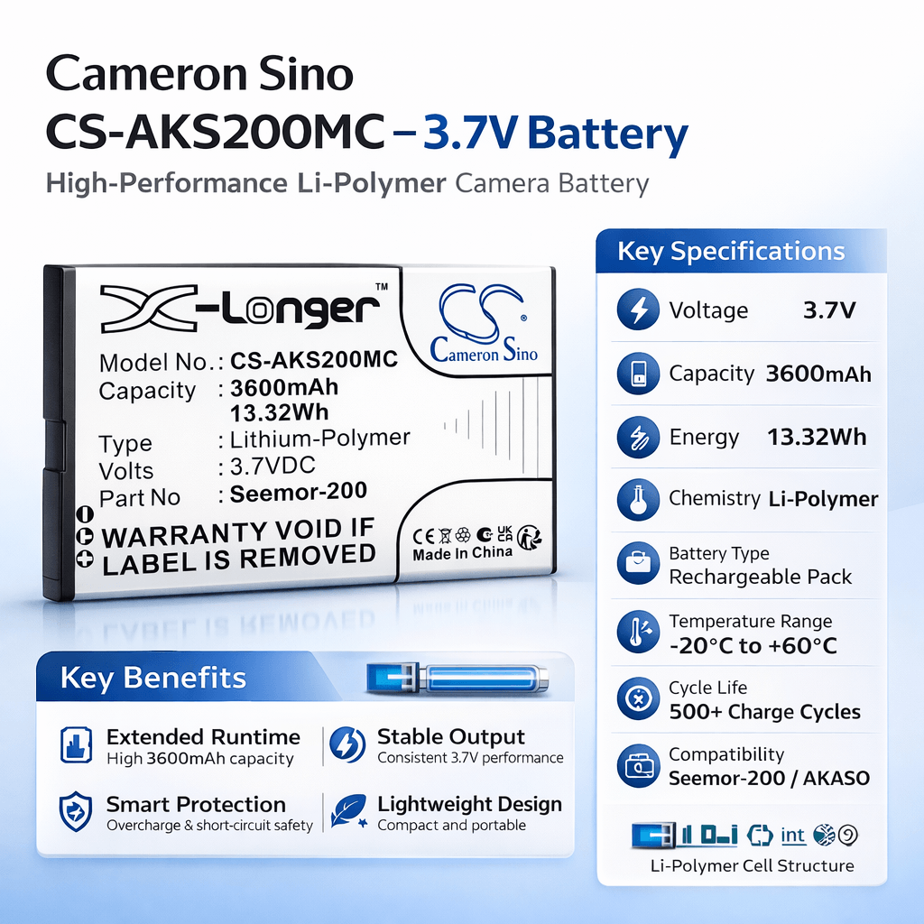 3.7V, Li-Polymer, 3600mAh, Camera battery fits AKASO, Seemor-200, Seemor 200, Seemor-200, 13.32Wh Camera Cameron Sino Technology Limited