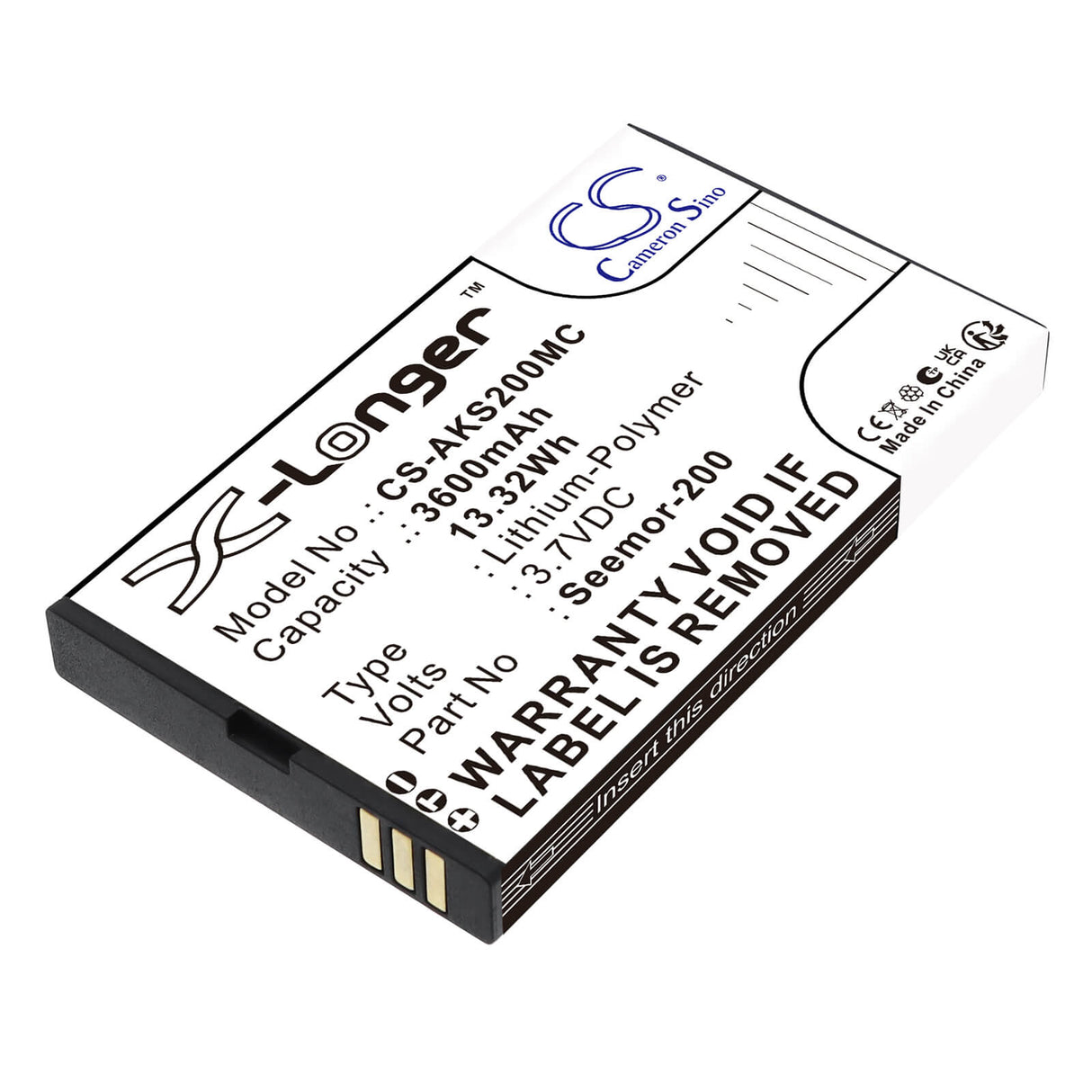 3.7V, Li-Polymer, 3600mAh, Camera battery fits AKASO, Seemor-200, Seemor 200, Seemor-200, 13.32Wh Camera Cameron Sino Technology Limited