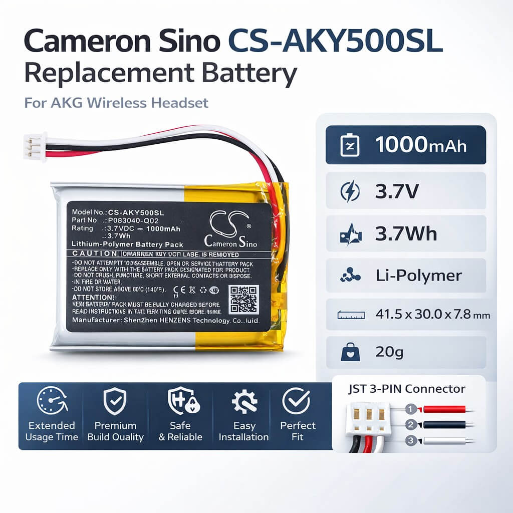3.7V, Li-Polymer, 1000mAh, Wireless Headset battery fits AKG, P083040-Q02, C50BT, Y50BT, 3.7Wh Wireless Headset Cameron Sino Technology Limited