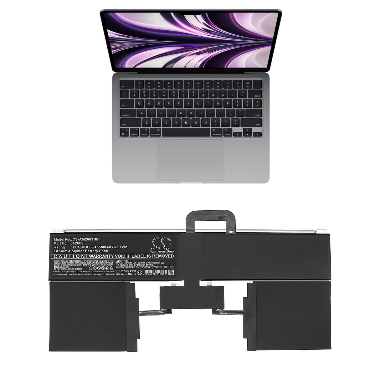 11.45V, Li-Polymer, 4550mAh, Notebook, Laptop battery fits Apple, 661-26150, A2681 (emc 4074), M2 2022 A2681, 52.1Wh Notebook, Laptop Cameron Sino Technology Limited