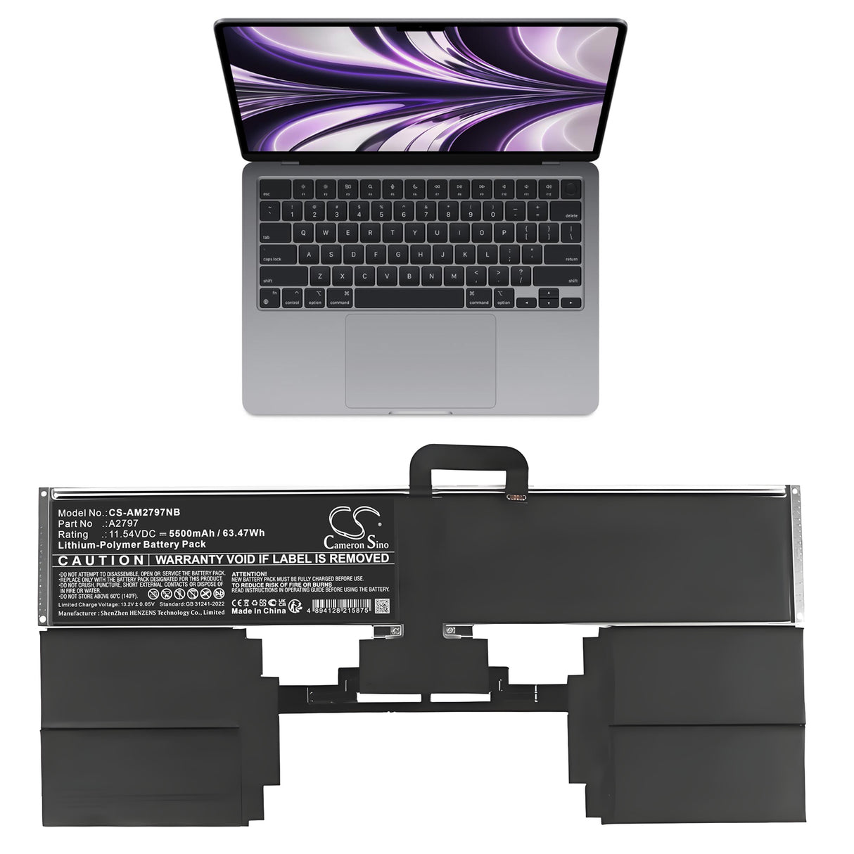 11.54V, Li-Polymer, 5500mAh, Notebook, Laptop battery fits Apple, A2797, A2941, Macbook Air 15.3 M2, 63.47Wh Notebook, Laptop Cameron Sino Technology Limited