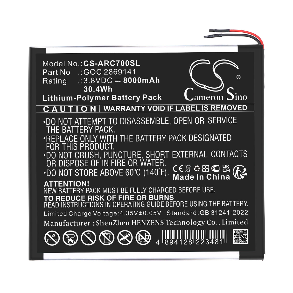 3.8V, Li-Polymer, 8000mAh, Tablet battery fits Archos, GOC 2869141, 101B Oxygen, AC101BOX, 30.4Wh Tablet Cameron Sino Technology Limited