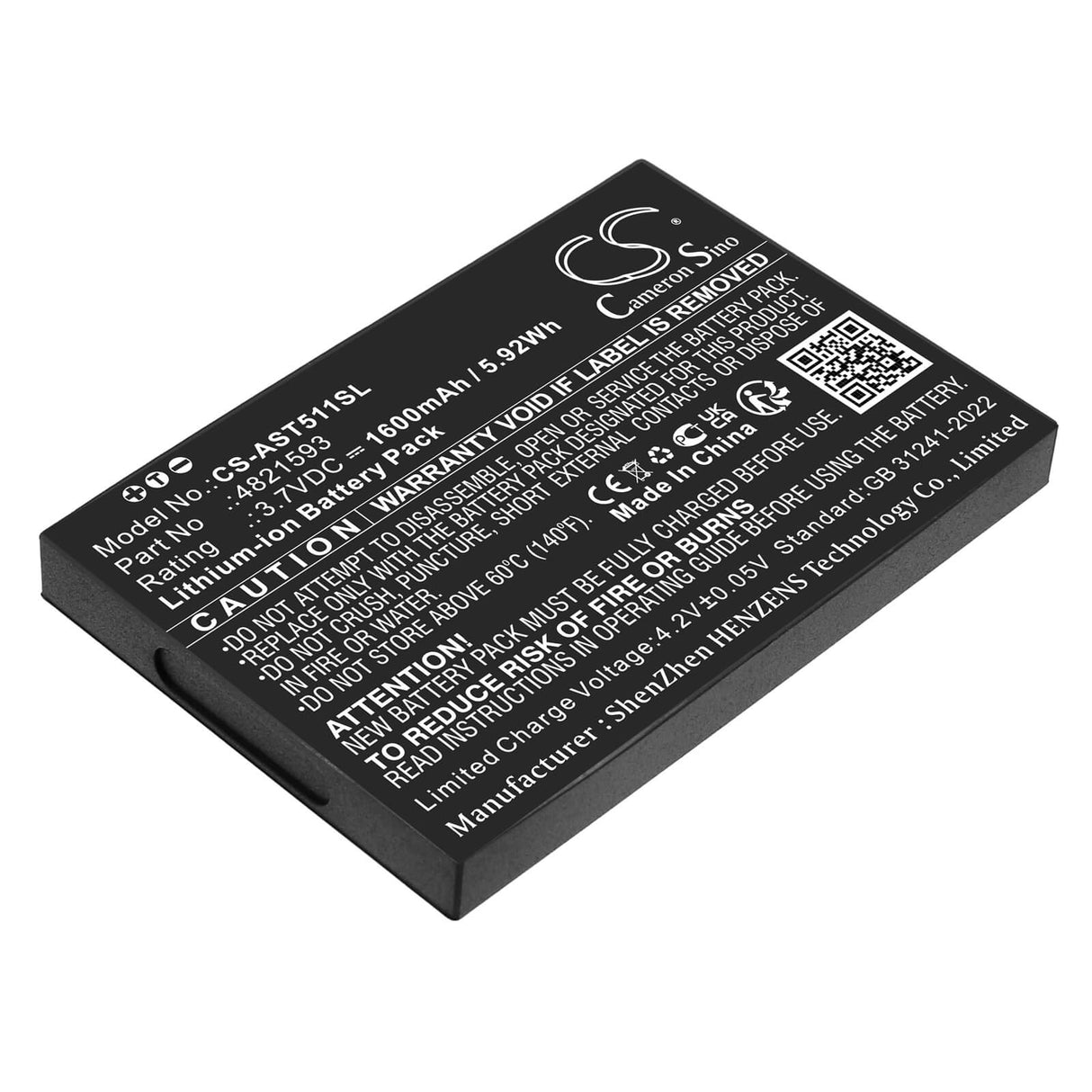 3.7V, Li-ion, 1600mAh, Alarm System battery fits Assa Abloy, 4821593, Vingcard Elsafe, Vot1511l2r01, 5.92Wh Alarm System Cameron Sino Technology Limited