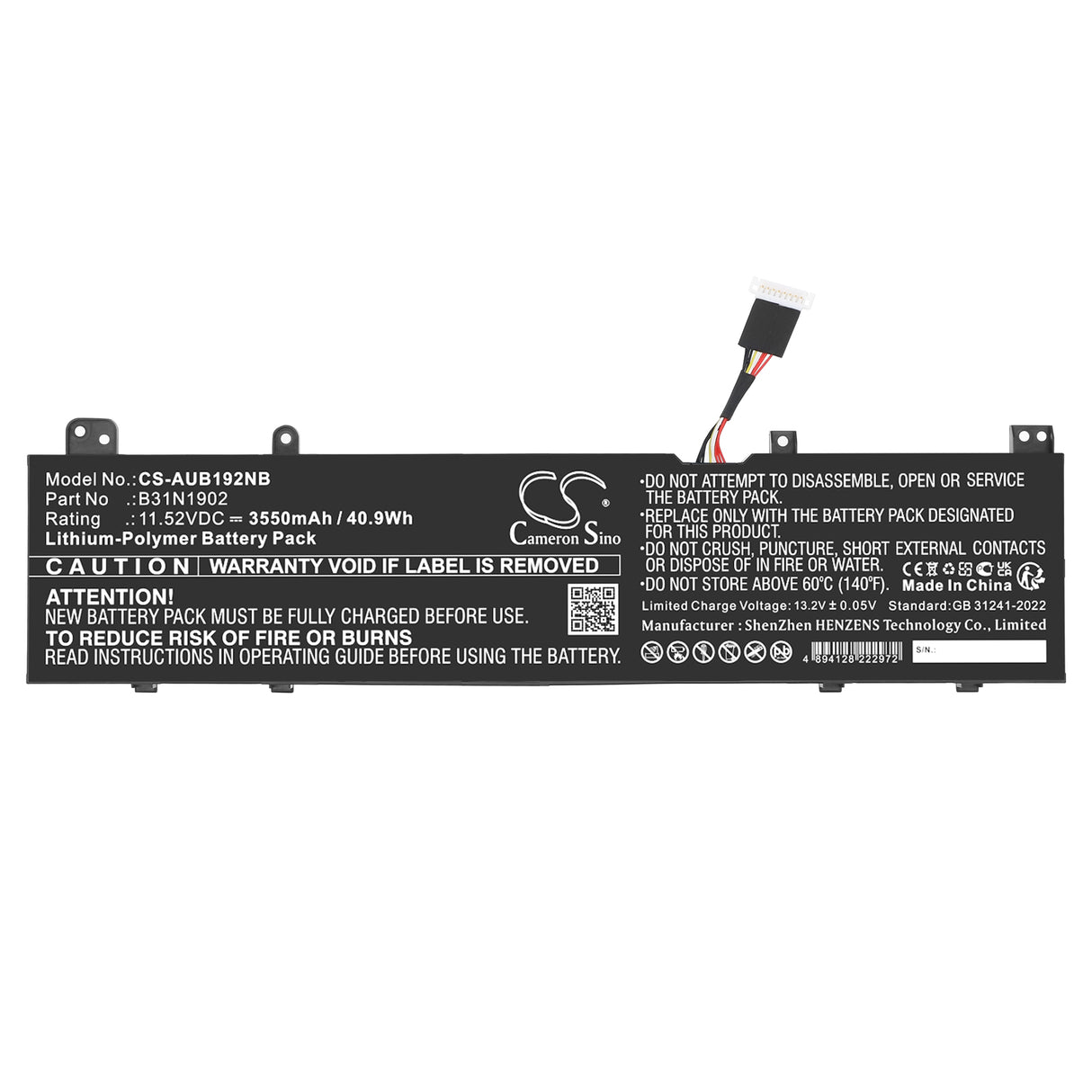 11.52V, Li-Polymer, 3550mAh, Notebook, Laptop battery fits Asus, B31N1902, 40.9Wh Notebook, Laptop Cameron Sino Technology Limited