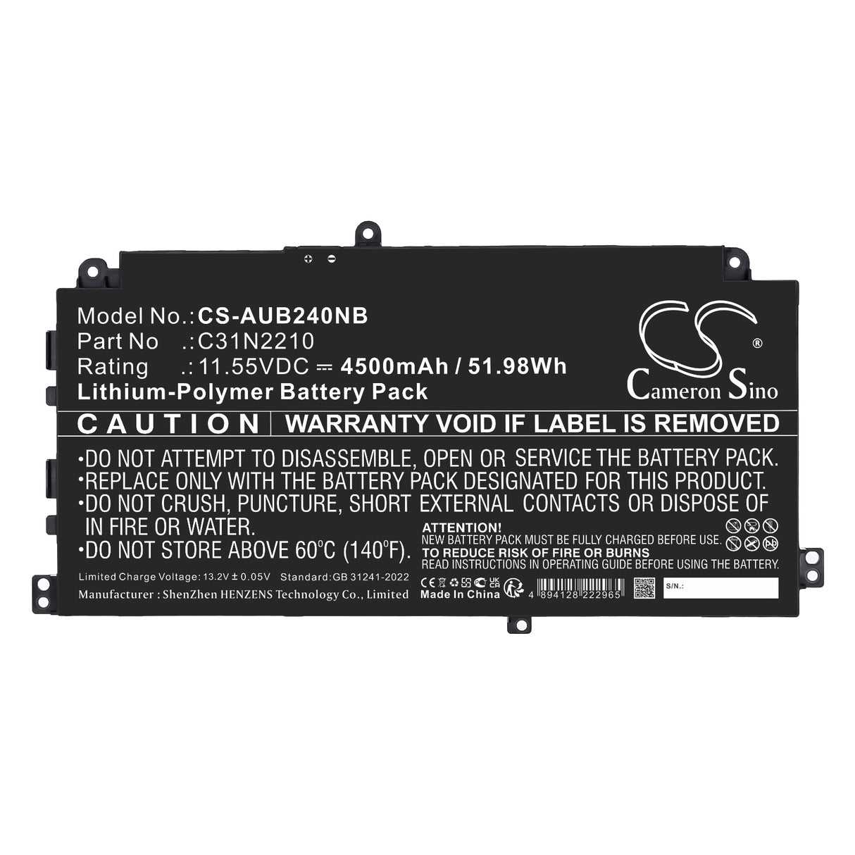 11.55V, Li-Polymer, 4500mAh, Notebook, Laptop battery fits Asus, 0B200-04370000, B2402CVA, B2402CVA-EB0248, 51.98Wh Notebook, Laptop Cameron Sino Technology Limited