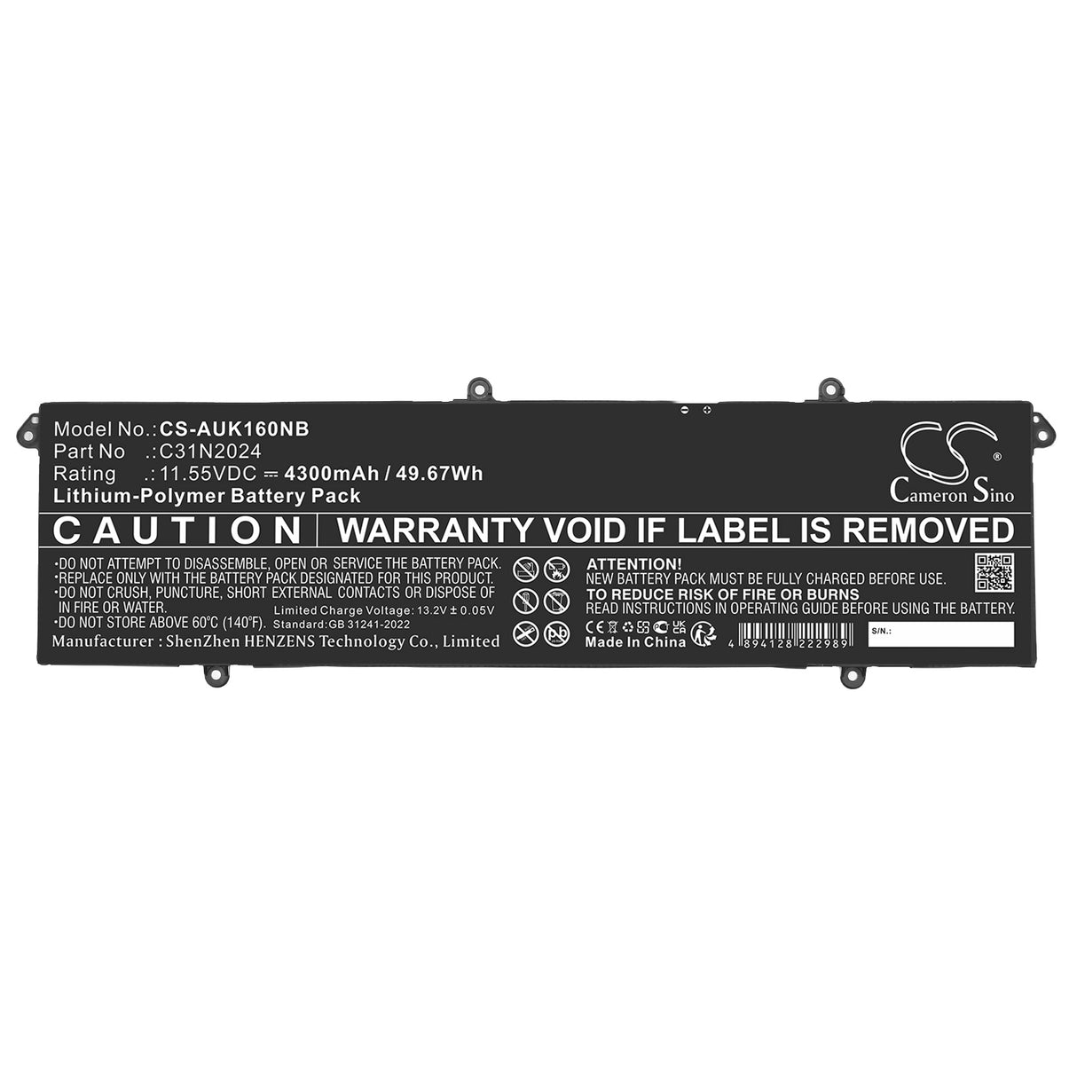 11.55V, Li-Polymer, 4300mAh, Notebook, Laptop battery fits Asus, 0B200-04070000, VivoBook 16X K3605VC, 49.67Wh Notebook, Laptop Cameron Sino Technology Limited