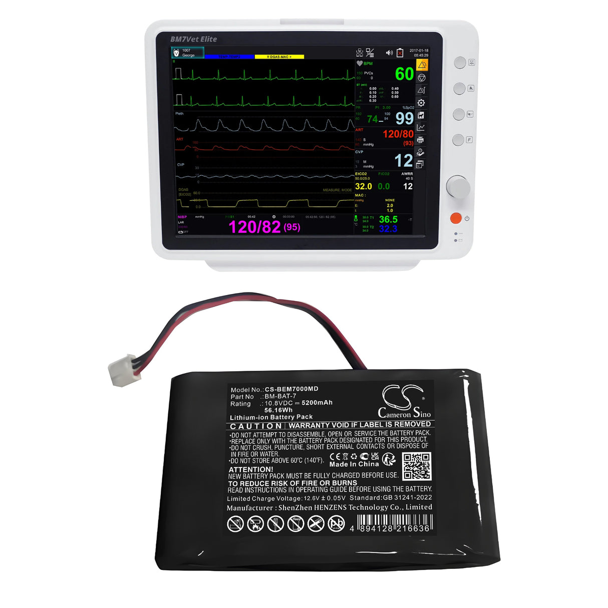 10.8V, Li-ion, 5200mAh, Medical battery fits Bionet, 68L335-BIO-S, BM7 Vet Elite, 56.16Wh Medical Cameron Sino Technology Limited (Medical)