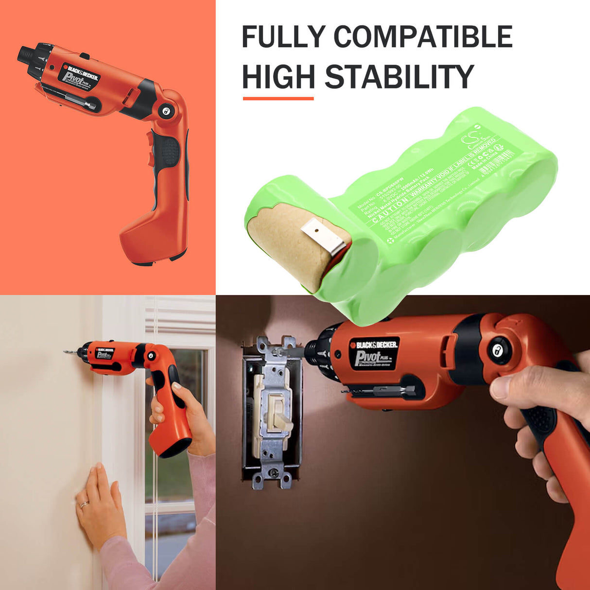 6.0V, Ni-MH, 2000mAh, Batterie pour outils électriques compatible avec Black & Decker, 5102993-00, PD600, PD600G, 12.0Wh Outils électriques Cameron Sino Technology Limited