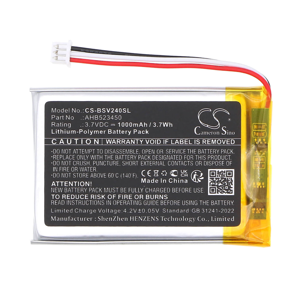 3,7V, Li-Polymère, 1000mAh, batterie BabyPhone compatible avec Babysense, Ahb523450, Moniteur Vidéo Bébé V24r, 3,7Wh BabyPhone Cameron Sino Technology Limited