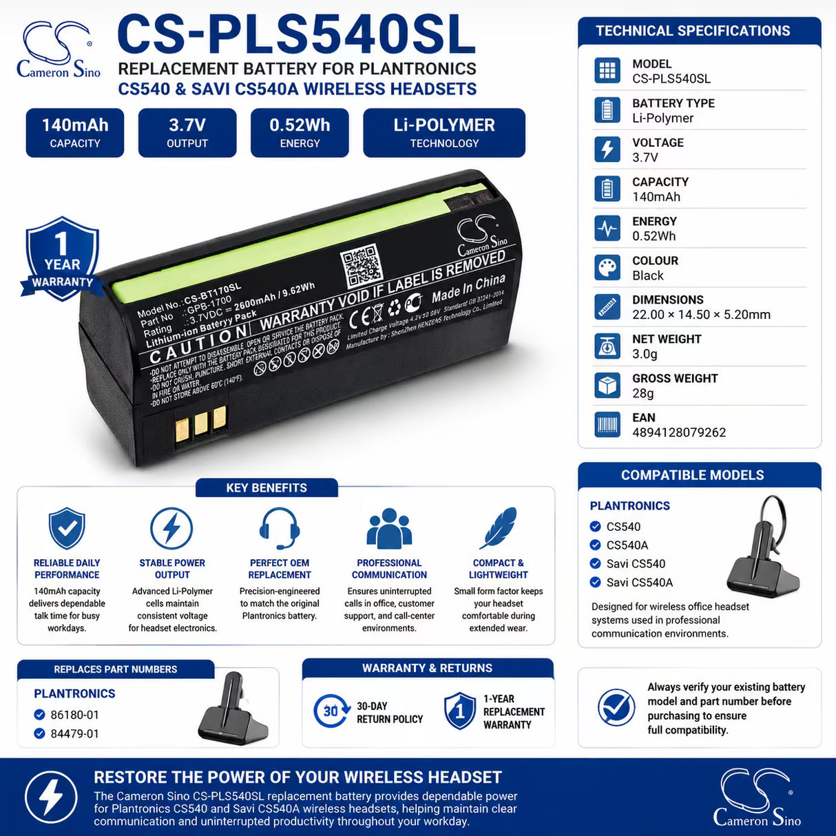 Satellite Phone battery For Globalsat, Gsp-1700, 3.7v, 2600mah - 9.62wh Satellite Phone Cameron Sino Technology Limited