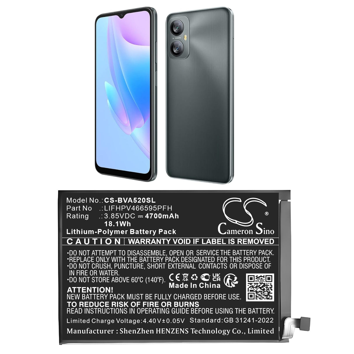 3.85V, Li-Polymer, 4700mAh, Mobile, SmartPhone battery fits Blackview, LIFHPV466595PFH, A52, 18.1Wh Mobile, SmartPhone Cameron Sino Technology Limited