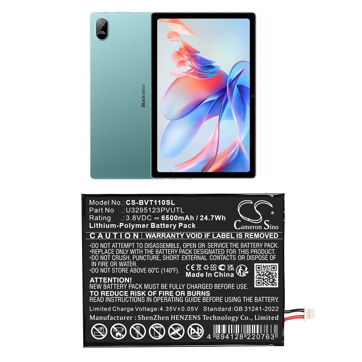 3.8V, Li-Polymer, 6500mAh, Tablet battery fits Blackview, U3295123PVUTL, Tab 11, 24.7Wh Tablet Cameron Sino Technology Limited