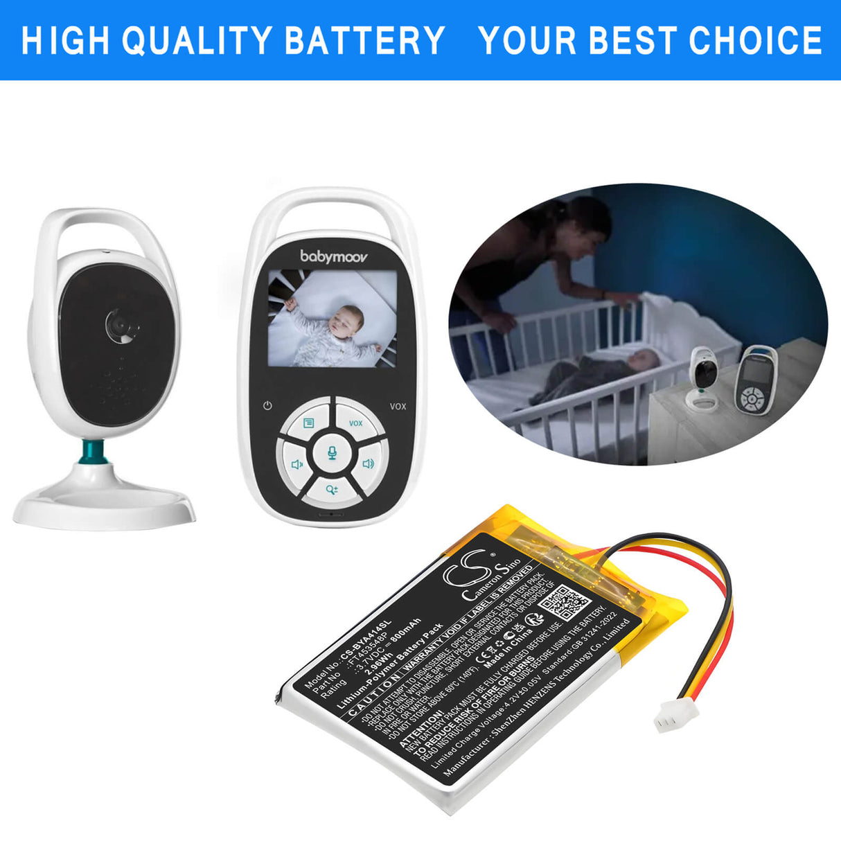 3,7V, Li-Polymer, 800mAh, batterie BabyPhone compatible avec Babymoov, FT453548P, A014414, A014415, 2,96Wh BabyPhone Cameron Sino Technology Limited