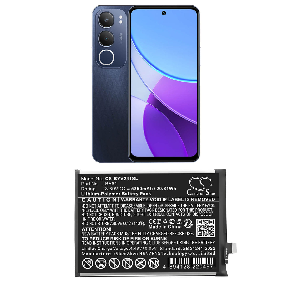 3.89V, Li-Polymer, 5350mAh, Mobile, SmartPhone battery fits Vivo, BA61, V2419, Y19s, 20.81Wh Mobile, SmartPhone Cameron Sino Technology Limited