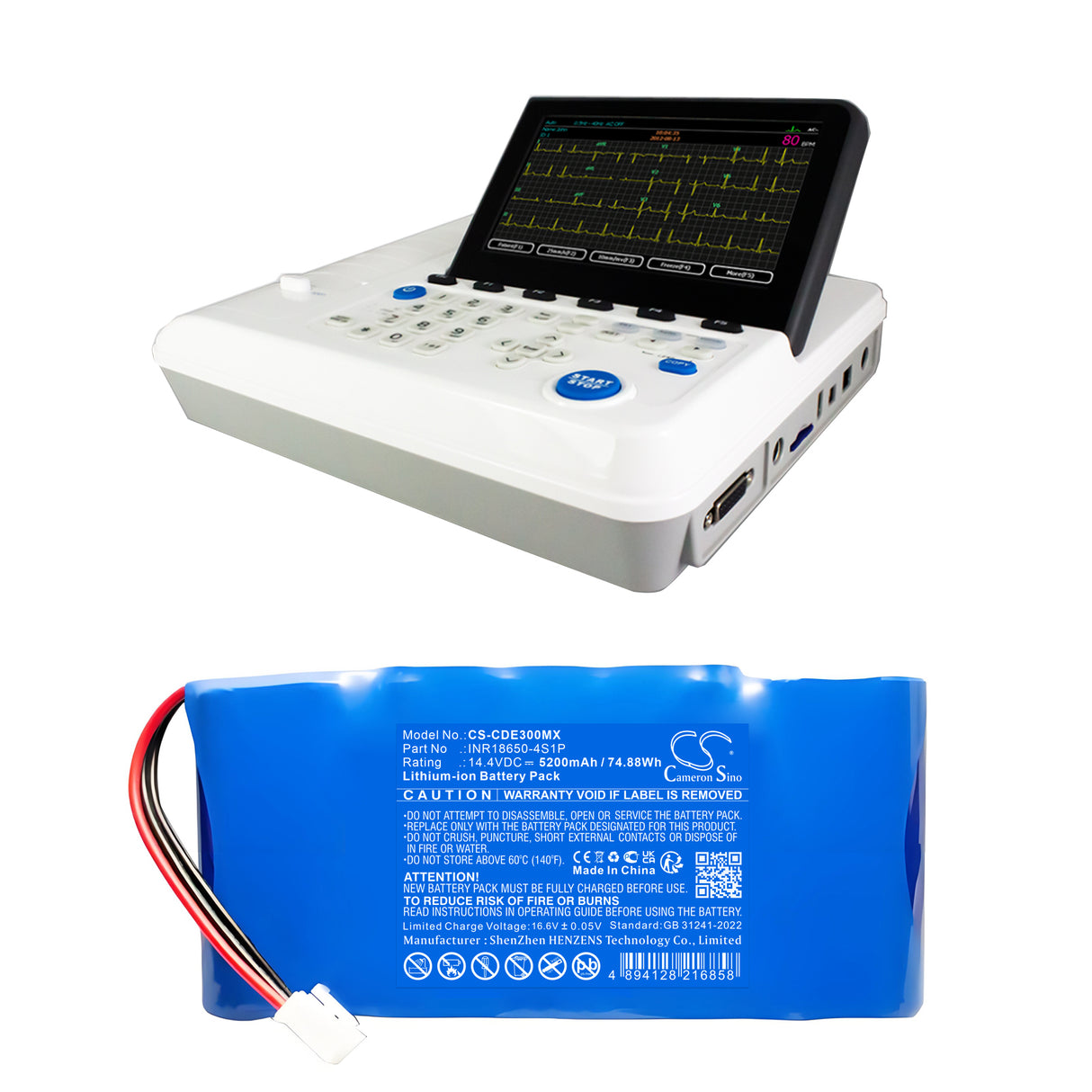 14.4V, Li-ion, 5200mAh, Medical battery fits Cardio, INR18650-4S2P, E3, 74.88Wh Medical Cameron Sino Technology Limited (Medical)