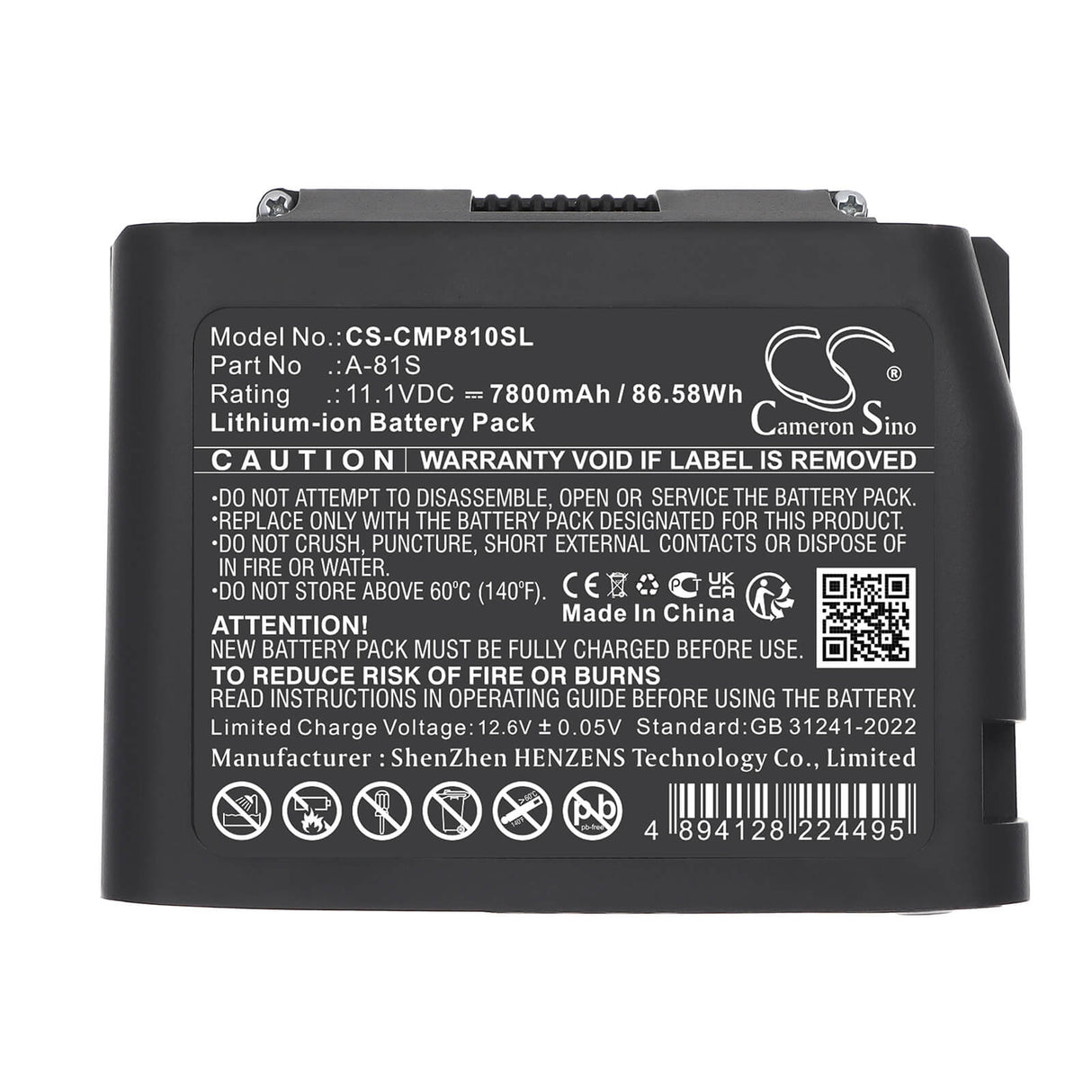 11.1V, Li-ion, 7800mAh, Equipment, Survey, Test battery fits Comptyco, A-81S, A-81S Fusion Splicer, FS-60C Fusion Splicer, 86.58Wh Equipment, Survey, Test Cameron Sino Technology Limited