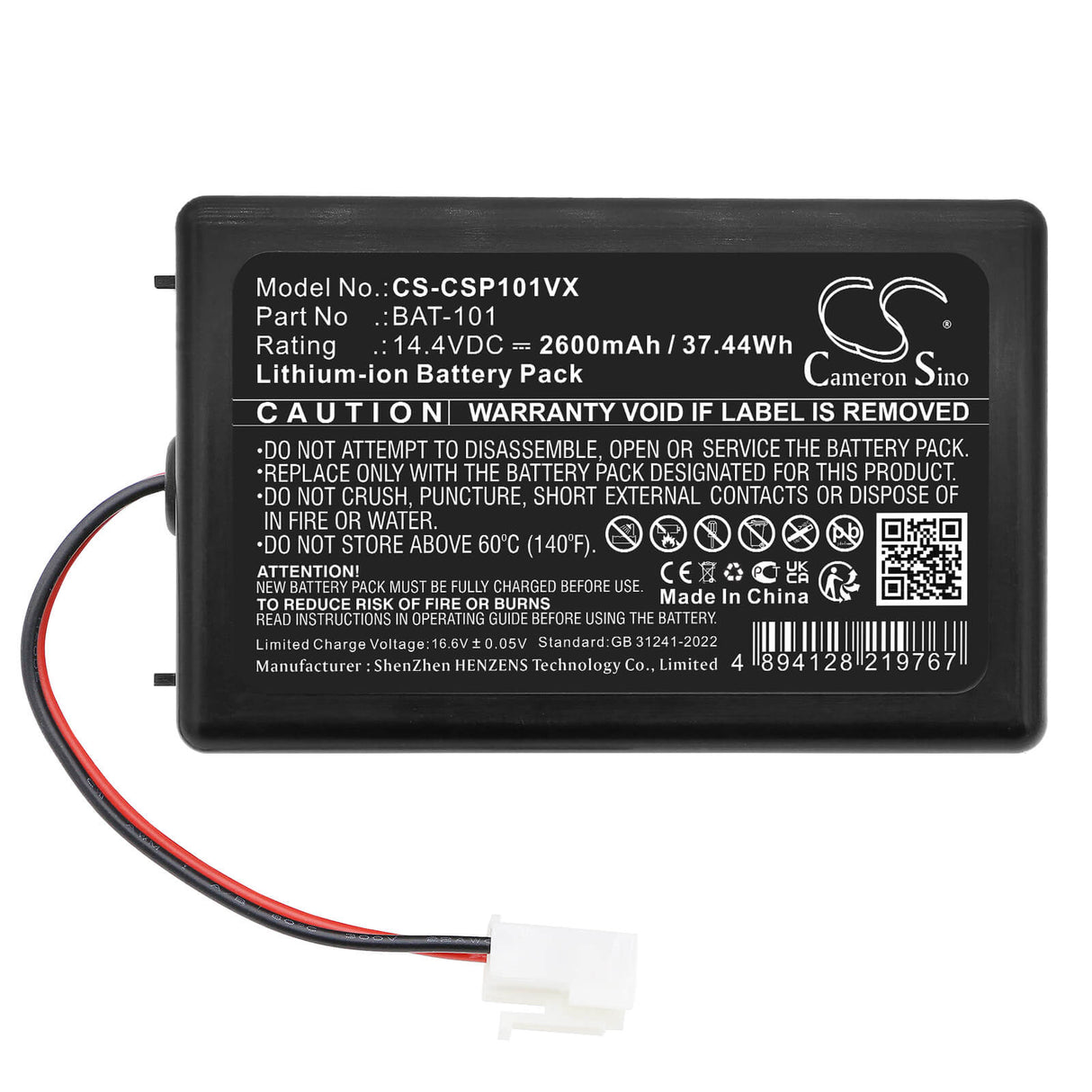 14.4V, Li-ion, 2600mAh, Vacuum battery fits Cleanmaxx, BAT-101, Smart Plus, 37.44Wh Vacuum Cameron Sino Technology Limited