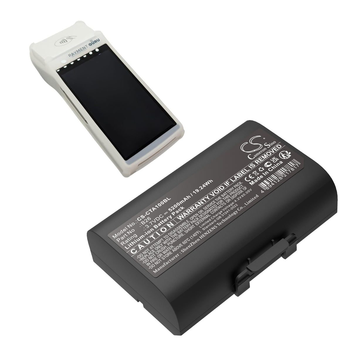 3,7V, Li-ion, 5200mAh, Batterie de terminal de paiement compatible avec Castles, B26, Saturn 1000 S1f2, Saturn 1000f, 19,24Wh Terminal de paiement Cameron Sino Technology Limited