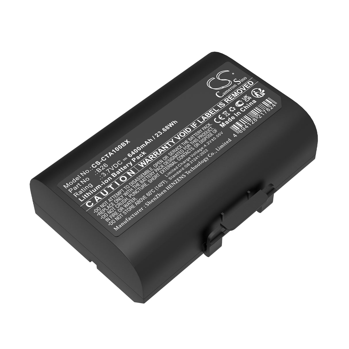 3,7V, Li-ion, 6400mAh, batterie de terminal de paiement compatible avec Castles, B26, Saturn 1000 S1f2, Saturn 1000f, 23,68Wh Terminal de paiement Cameron Sino Technology Limited