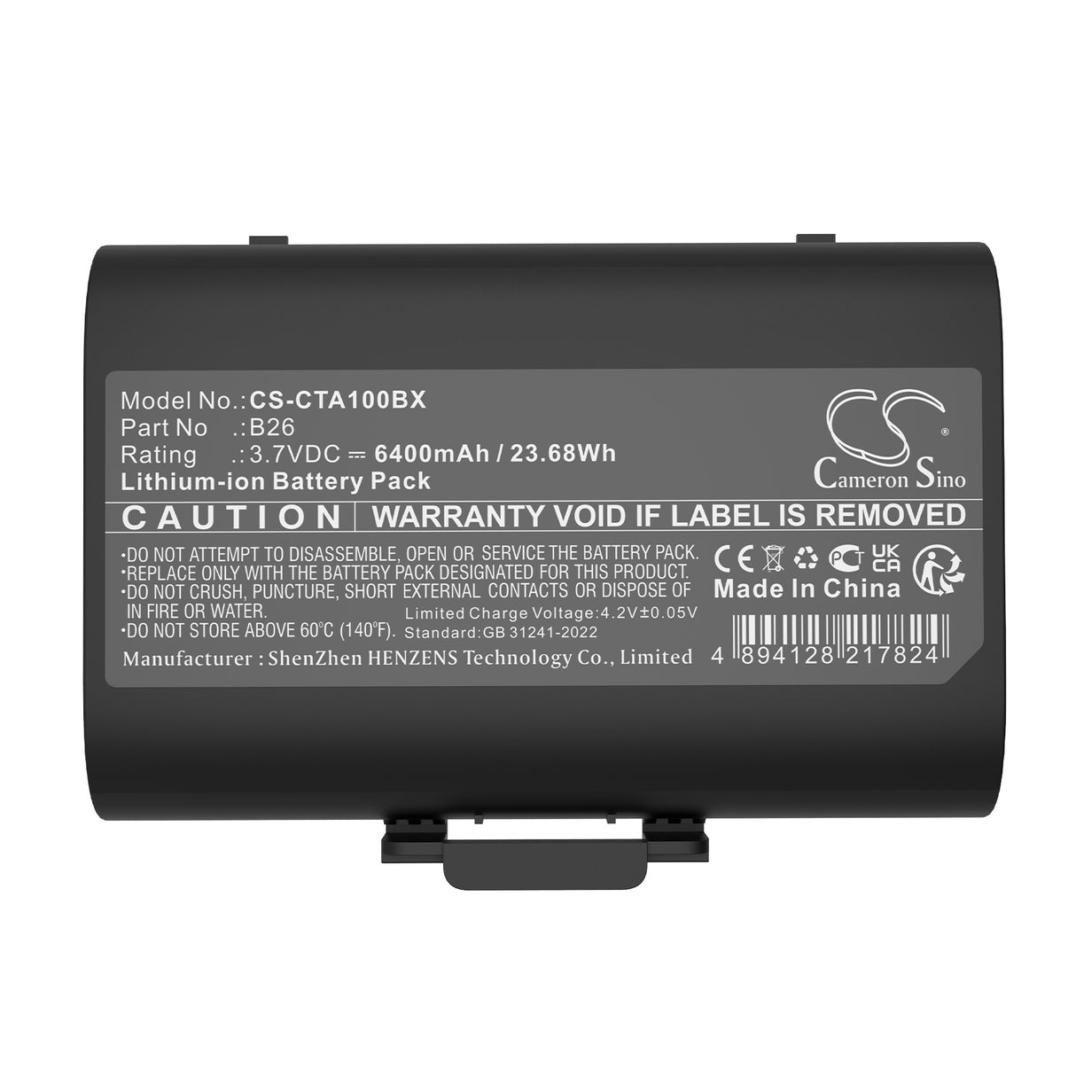 3,7V, Li-ion, 6400mAh, batterie de terminal de paiement compatible avec Castles, B26, Saturn 1000 S1f2, Saturn 1000f, 23,68Wh Terminal de paiement Cameron Sino Technology Limited