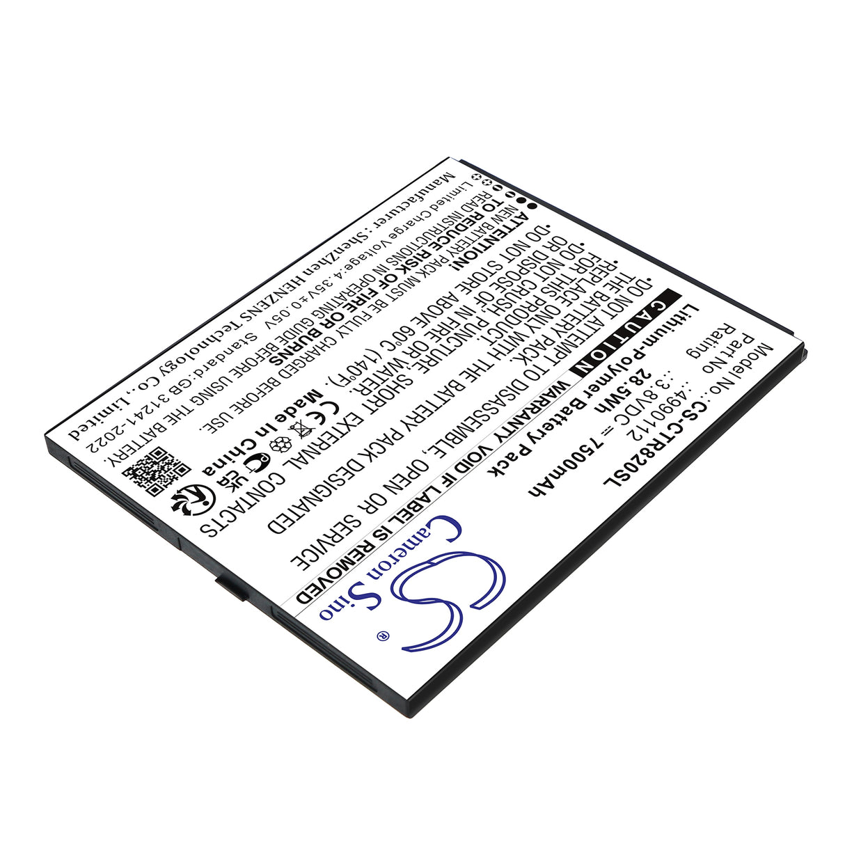3.8V, Li-Polymer, 7500mAh, Diagnostic Scanner battery fits Cedar, 4990112, CT8, CT8X2, 28.5Wh Diagnostic Scanner Cameron Sino Technology Limited