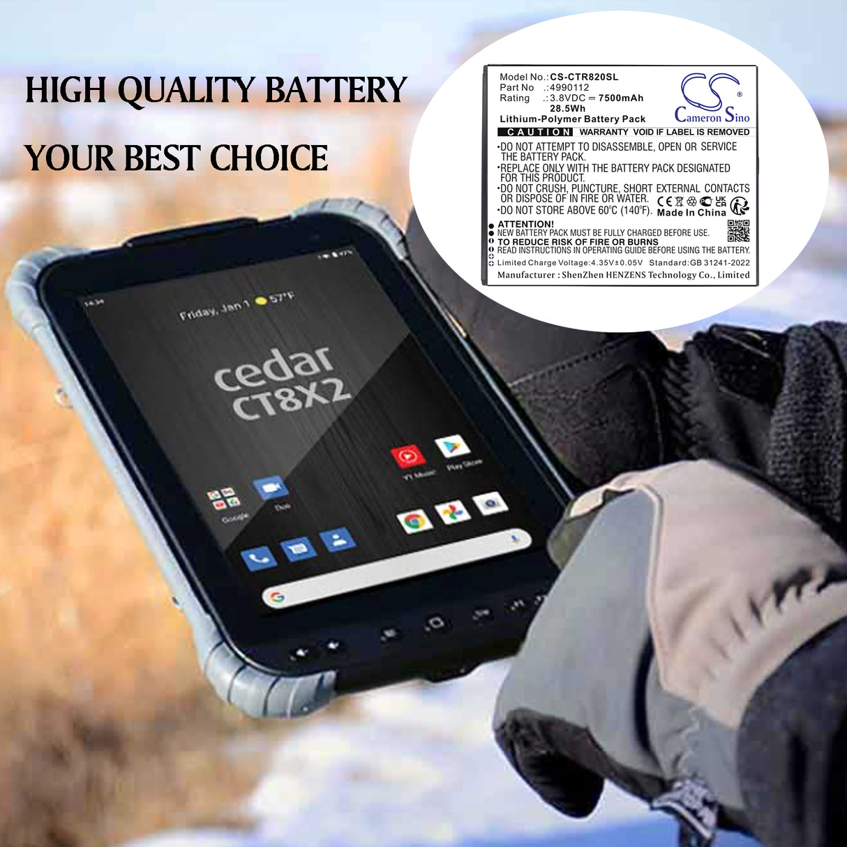 3.8V, Li-Polymer, 7500mAh, Diagnostic Scanner battery fits Cedar, 4990112, CT8, CT8X2, 28.5Wh Diagnostic Scanner Cameron Sino Technology Limited