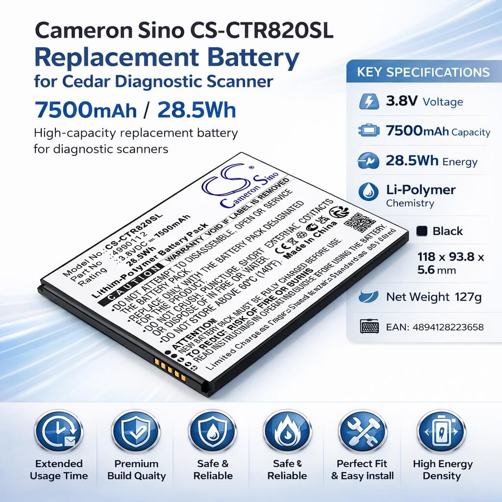 3.8V, Li-Polymer, 7500mAh, Diagnostic Scanner battery fits Cedar, 4990112, CT8, CT8X2, 28.5Wh Diagnostic Scanner Cameron Sino Technology Limited