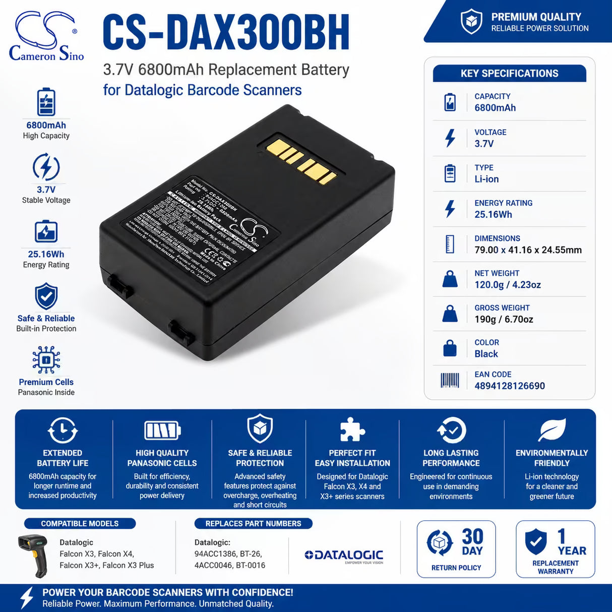 Barcode Scanner Battery For Datalogic, Falcon X3 3.7v, 6800mah - 25.16wh Barcode Scanner Cameron Sino Technology Limited