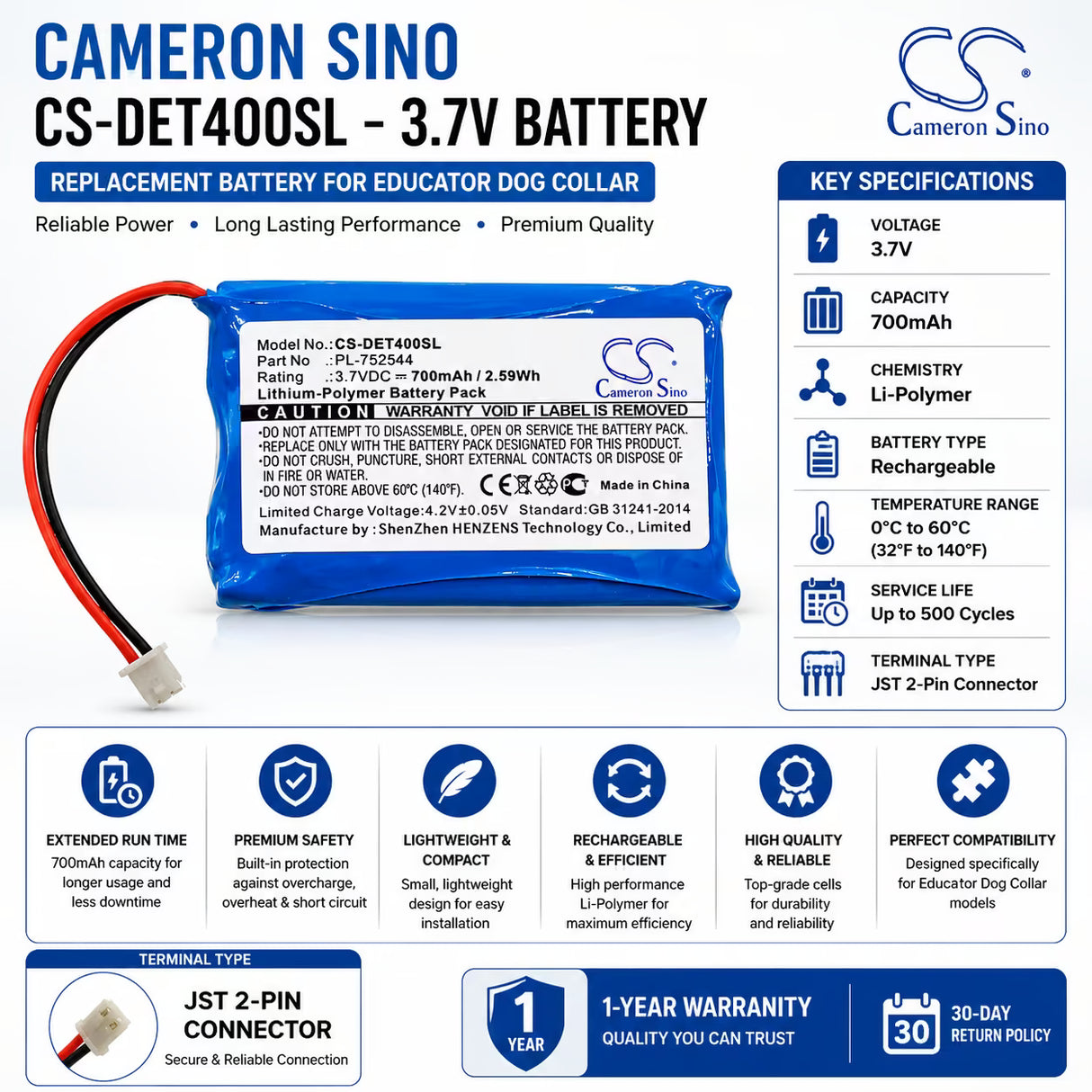 Cameron Sino CS-DET400SL Battery for Educator Dog Collar 700mAh 3.7V Dog Collar Cameron Sino Technology Limited