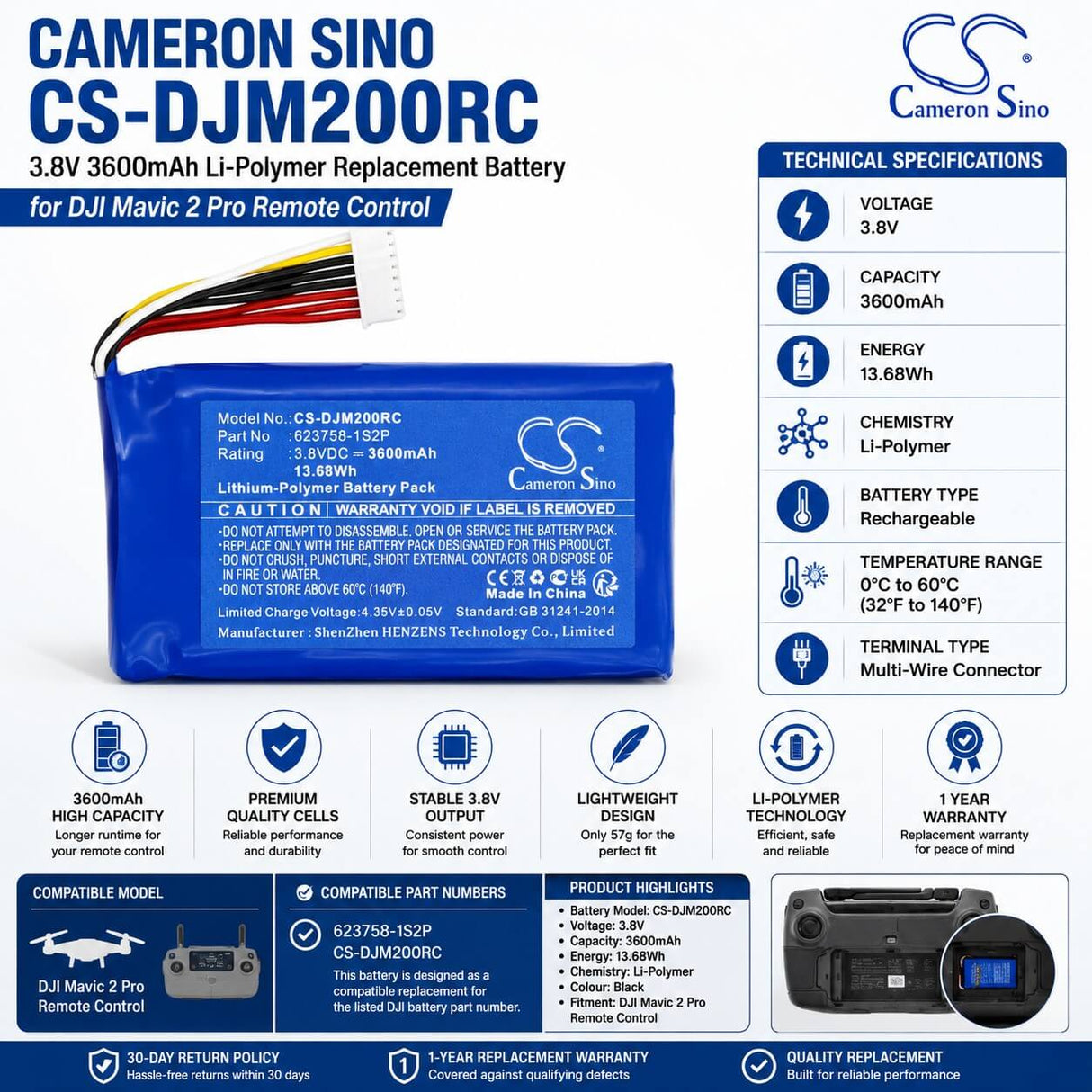 3.8V, Li-Polymer, 3600mAh Remote Controller Battery fits Dji, Mavic 2 Pro Remote Control, 13.68Wh Remote Controller Cameron Sino Technology Limited