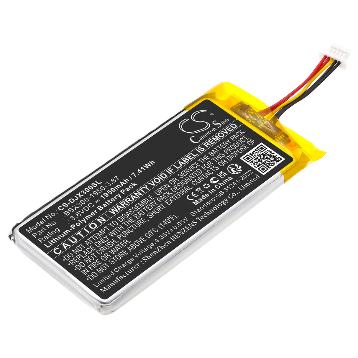 3,8V, Li-Polymer, 1950mAh, batterie de microphone compatible avec Dji, BSX300-1950-3.87, MIC Mini, 7,41Wh Microphone Cameron Sino Technology Limited