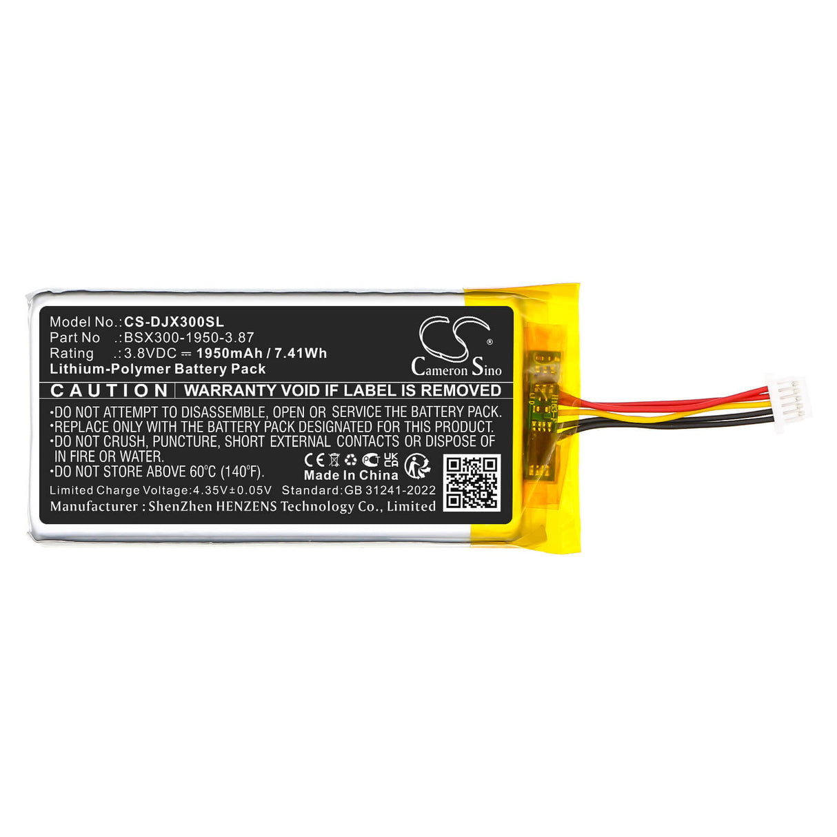 3,8V, Li-Polymer, 1950mAh, batterie de microphone compatible avec Dji, BSX300-1950-3.87, MIC Mini, 7,41Wh Microphone Cameron Sino Technology Limited