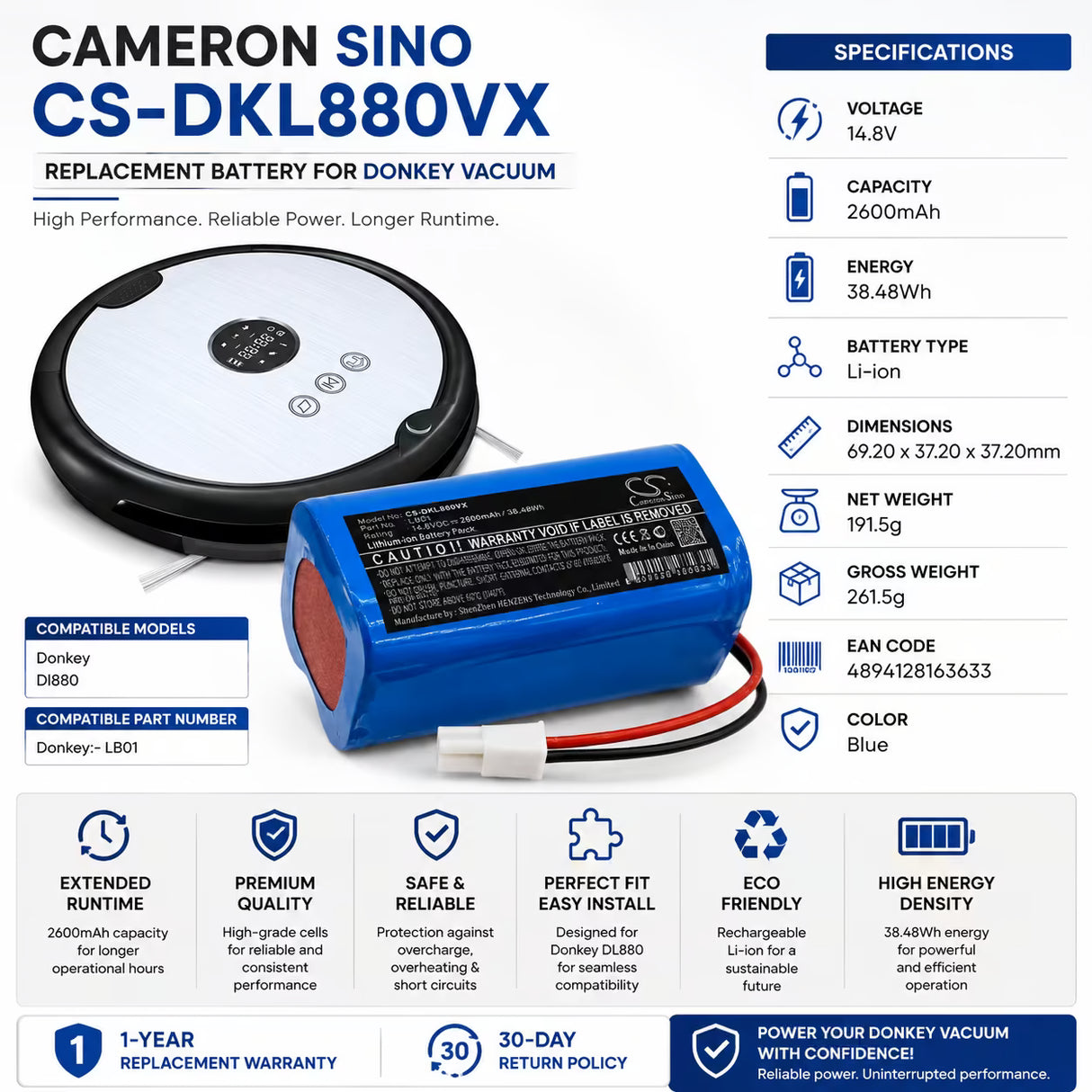 14.8V, Li-ion, 2600mAh, Vacuum battery fits Donkey, Dl880, 38.48Wh Vacuum Cameron Sino Technology Limited