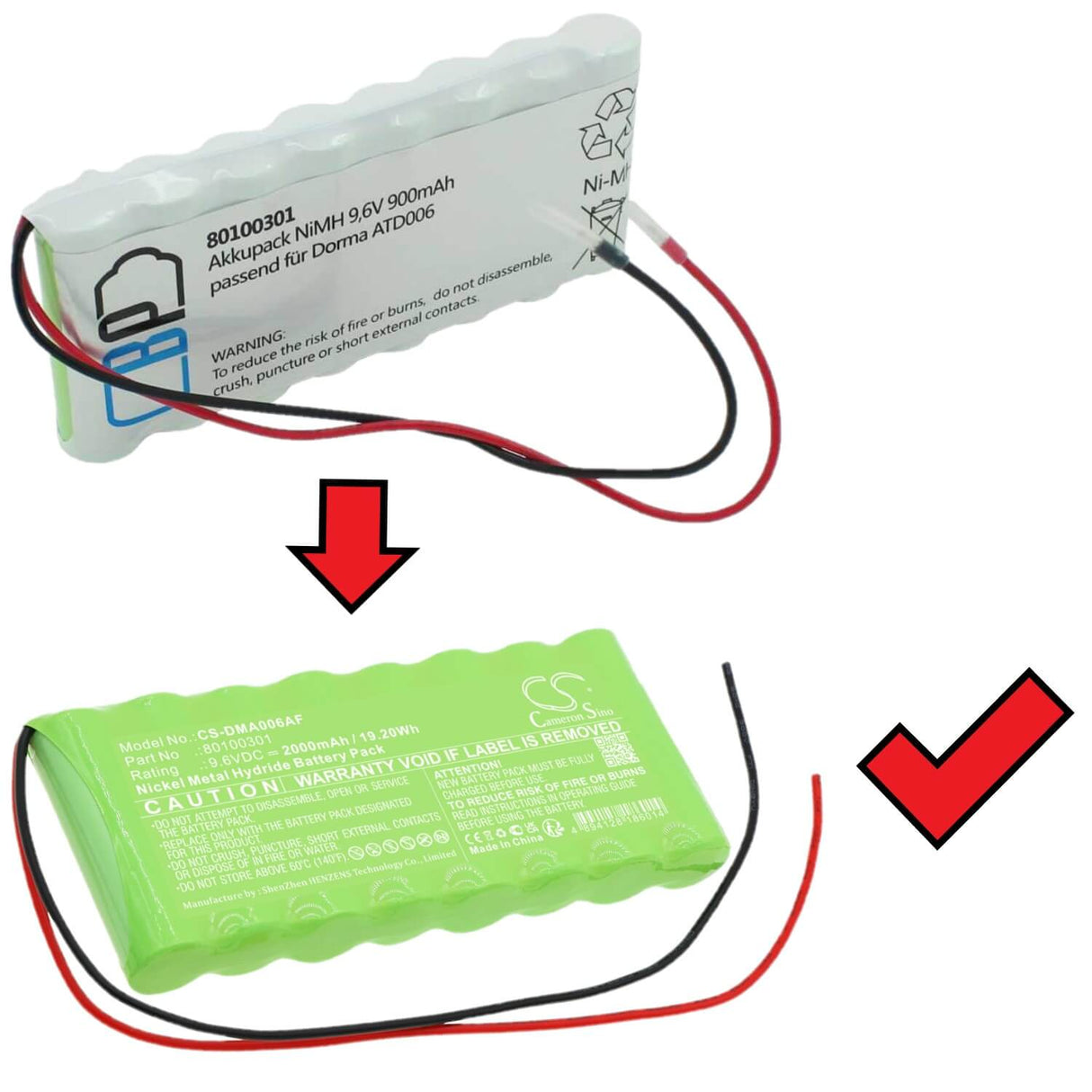 9.6v, Ni-mh, 2000mah, Automatic door battery fits Dorma, Atd006, 19.20wh Automatic Doors Cameron Sino Technology Limited