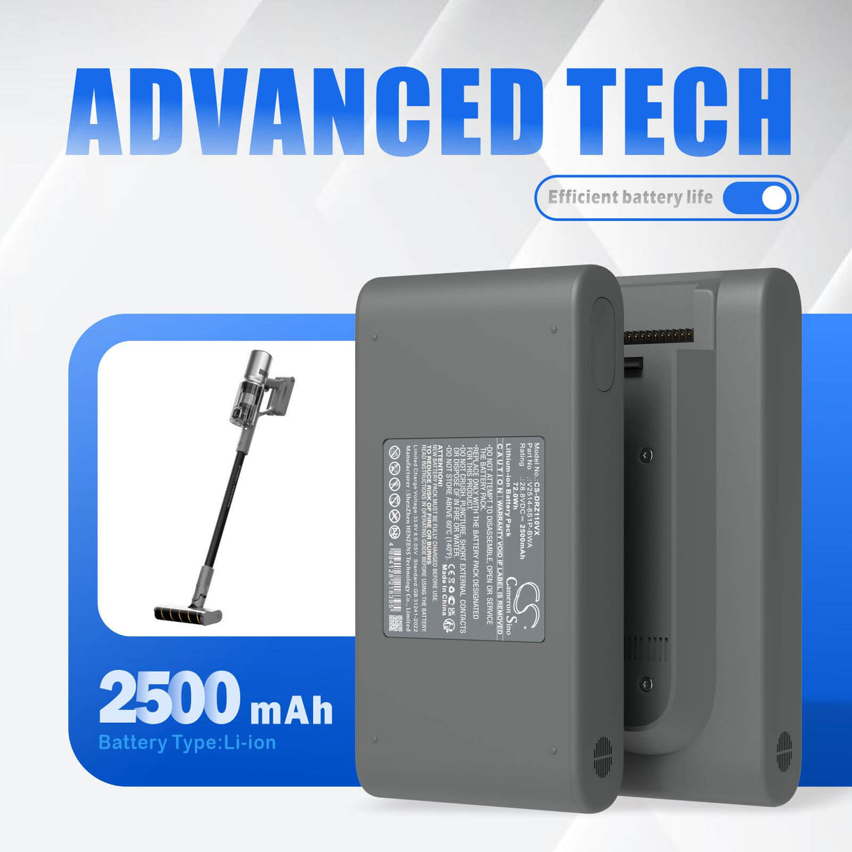 28.8V, Li-ion, 2500mAh, Vacuum battery fits Dreame, V2514-8s1p-bwa, Z10s Station, 72.0Wh Vacuum Cameron Sino Technology Limited