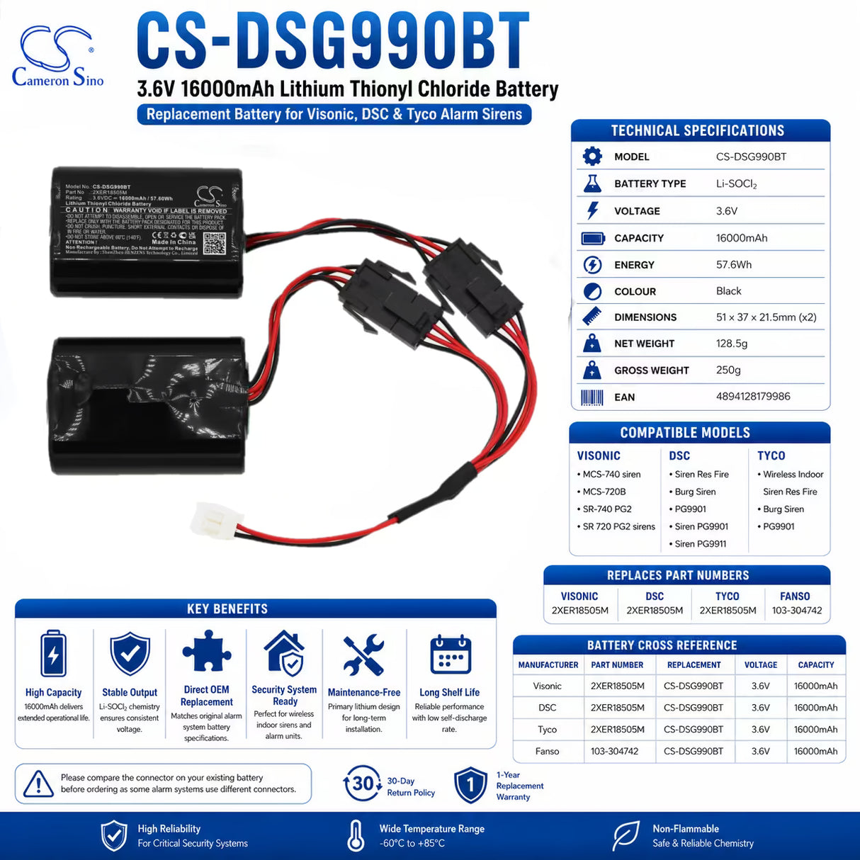 3.6v, Li-socl2, 16000mah, Alarm Battery Fits Tyco, Burg Siren, Pg9901, 57.60wh Alarm System Cameron Sino Technology Limited
