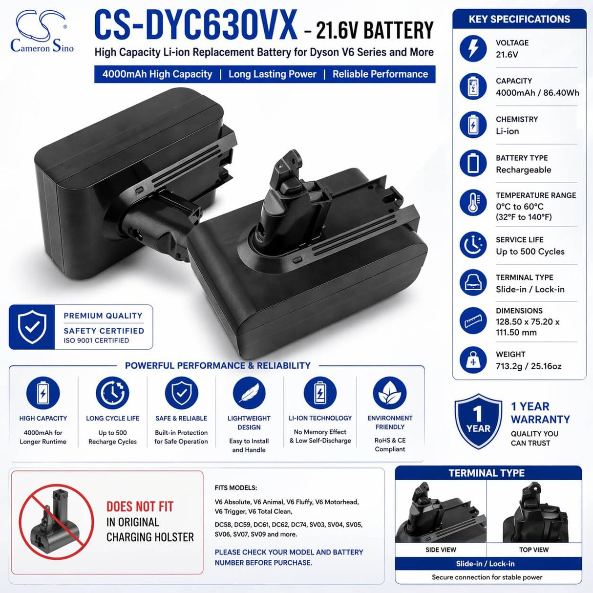 Super High Capacity For Dyson, V6, Absolute, Dc58, 21.6v, 4000mah - 86.40wh Vacuum Cameron Sino Technology Limited