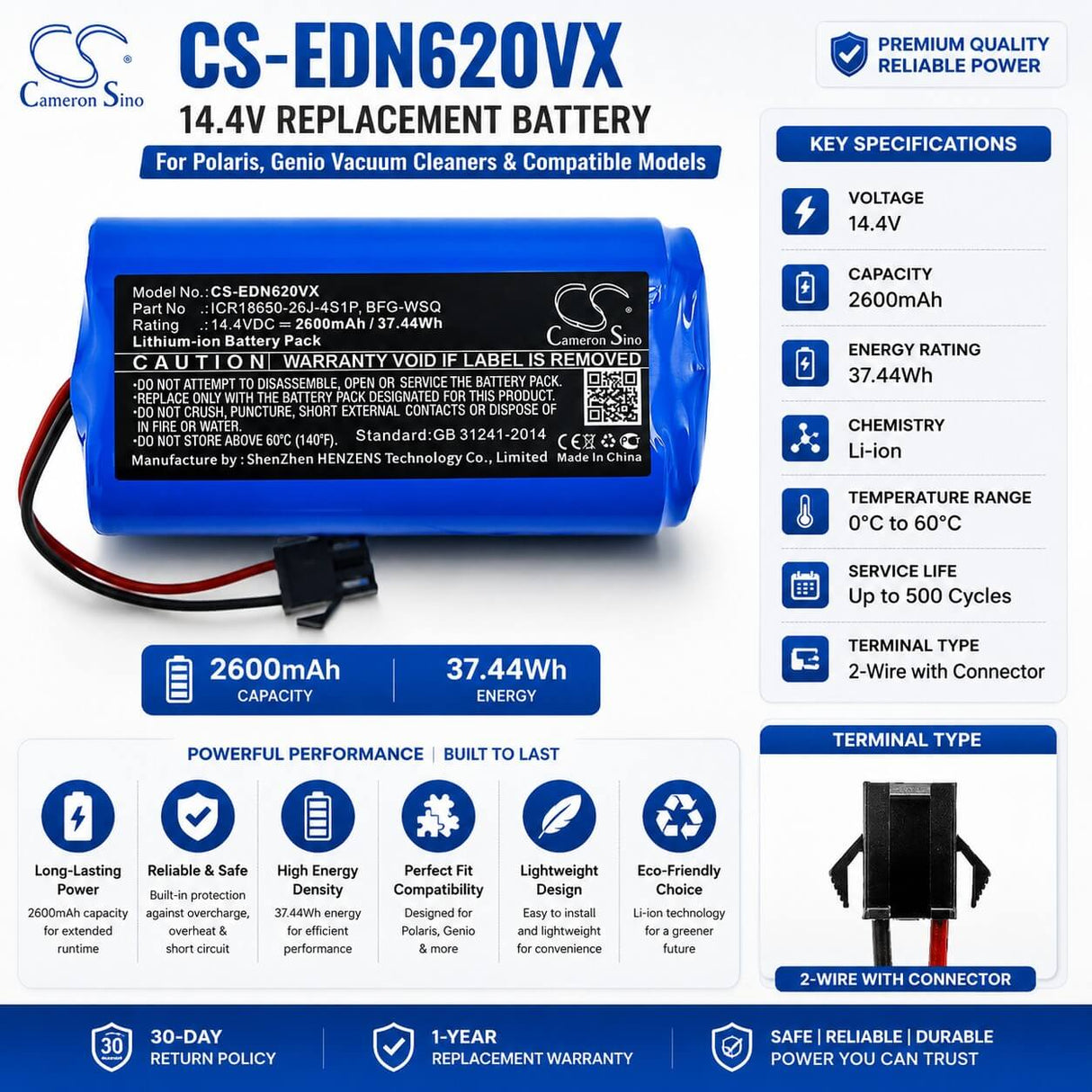 14.4V, Li-ion, 2600mAh, Vacuum battery fits Polaris, Genio, 600, 601, 605, 37.44Wh Vacuum Cameron Sino Technology Limited