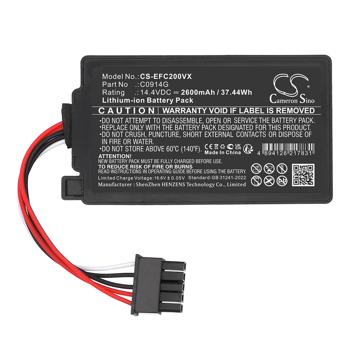 14.4V, Li-ion, 2600mAh, Vacuum battery fits Eufy, C0914g, Omni C20, Omni C20 Robot Vacuum, 37.44Wh Vacuum Cameron Sino Technology Limited