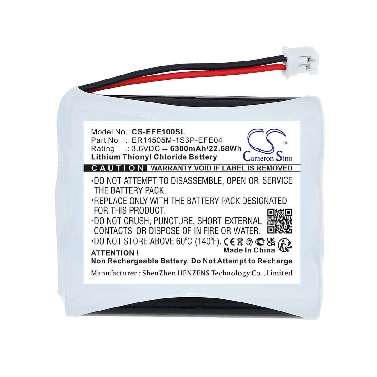 3.6V, Li-SOCl2, 6300mAh, Equipment, Survey, Test battery fits Efento, ER14505M-1S3P-EFE04, NB-IoT, 22.68Wh Equipment, Survey, Test Cameron Sino Technology Limited