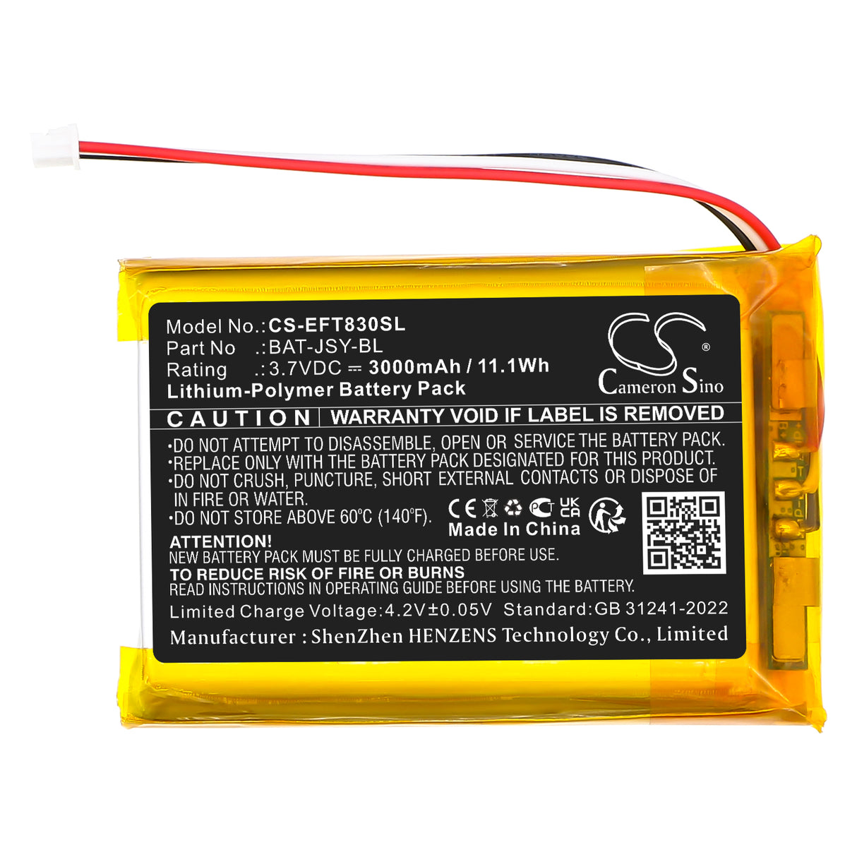 3,7V, Li-Polymer, 3000mAh, batterie BabyPhone compatible avec Eufy, BAT-JSY-BL, SpaceView Baby Monitor E110, T8300-M, 11,1Wh BabyPhone Cameron Sino Technology Limited